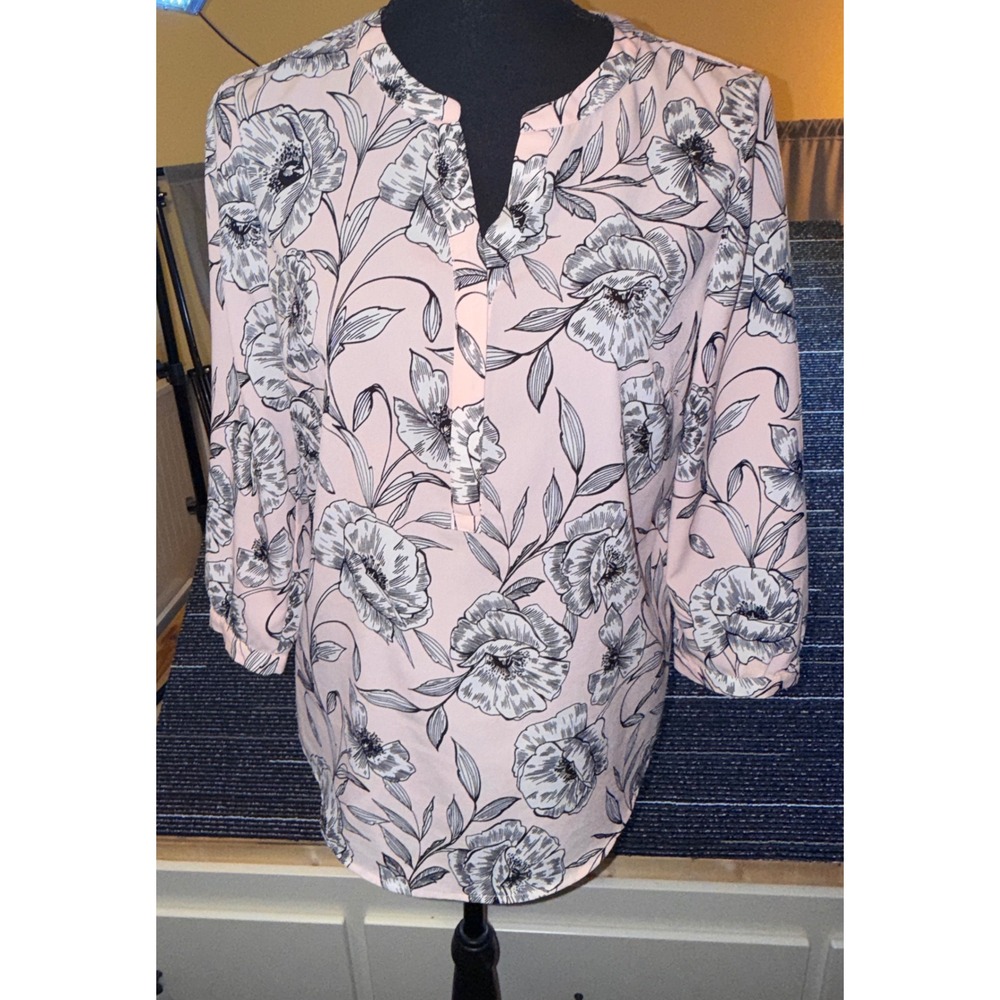 Talbots Floral Blouse Women S Pink Excellent 3/4 Sleeve Split‎ Neck Top